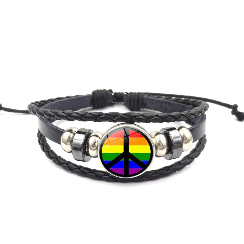 Pulsera tejida multicapa de cuero negro de cuero iridiscente al por mayor